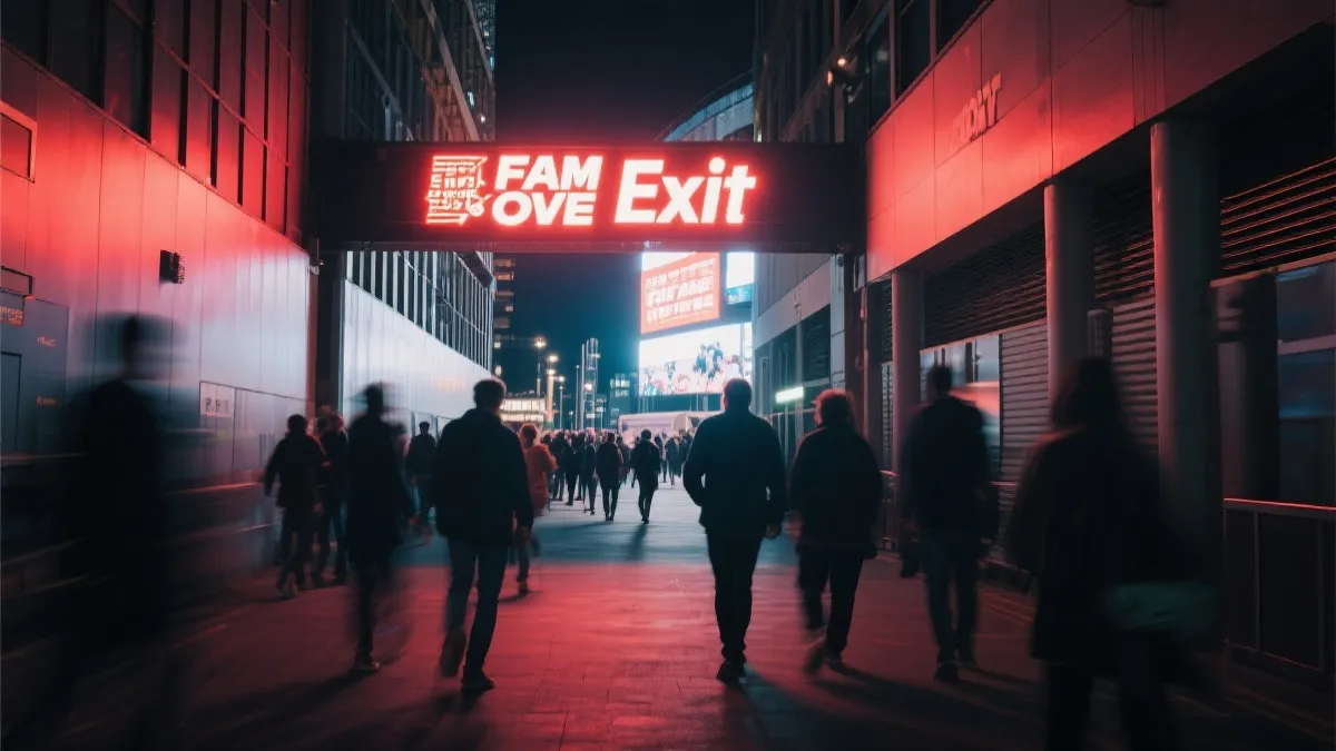 夜间散场的人流与球迷区大屏余光，适合展示返程与撤离策略